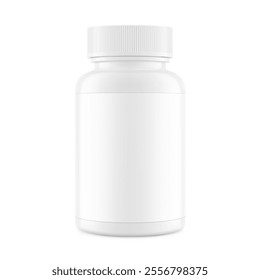 Plastic packer pill bottle mockup with child resistant cap and label for treats, vitamins, supplements isolated on white background. Vector illustration. ready for your design. EPS10.