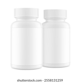 Plastic packer pill bottle mockup with child resistant cap and label for treats, vitamins, supplements isolated on white background.Vector illustration. Mockup is ideal for health projects. EPS10.