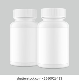 Plastic packer pill bottle mockup with child resistant cap and label for treats, vitamins, supplements isolated on grey background.Vector illustration. Mockup is ideal for health projects. EPS10.