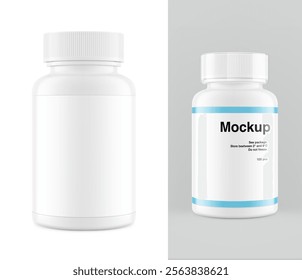 Plastic packer pill bottle mockup with child resistant cap and label for treats, vitamins, supplements isolated on white and grey background. Vector illustration. Ready for your design. EPS10.