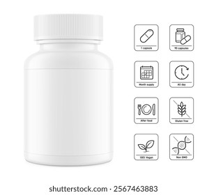 Plastic packer pill bottle mockup with child resistant cap and label for treats, vitamins, supplements isolated on grey background. Vector illustration. Mockup is ideal for health projects. EPS10.