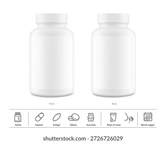 Embalador plástico engarrafamento de pílula com rótulo para guloseimas, vitaminas, suplementos com ícones definidos. Ilustração vetorial isolada sobre fundo branco. Pronto para o seu design. EPS10