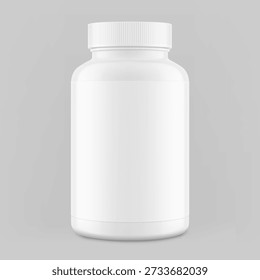 Maquete de frasco de comprimidos de embalagem de plástico com rótulo para guloseimas, vitaminas, suplementos. Ilustração vetorial isolada no fundo cinza. Mockup é ideal para projetos de saúde. EPS10.