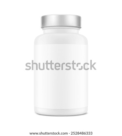 Plastic packer pill bottle mockup with label for treats, vitamins, supplements isolated on white background. Vector illustration. ready for your design. EPS10.	