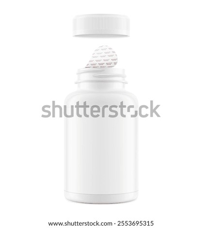 Plastic packer pill bottle mockup with child resistant cap and pressure sensitive seal for treats, vitamins, supplements isolated on white background. Vector illustration ready for your design. EPS10.