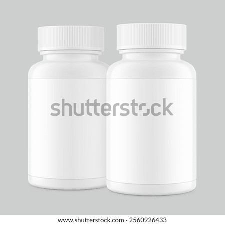 Plastic packer pill bottle mockup with child resistant cap and label for treats, vitamins, supplements isolated on grey background.Vector illustration. Mockup is ideal for health projects. EPS10.