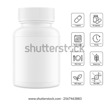 Plastic packer pill bottle mockup with child resistant cap and label for treats, vitamins, supplements isolated on grey background. Vector illustration. Mockup is ideal for health projects. EPS10.