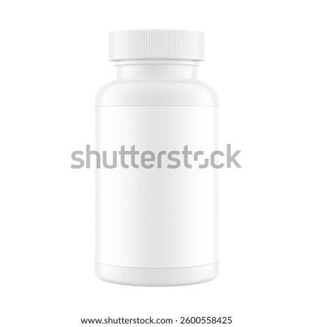 Plastic packer pill bottle mockup with child resistant cap and label for treats, vitamins, supplements. Vector illustration isolated on white background. Mockup is ideal for health projects. EPS10.