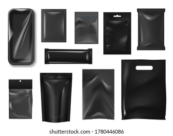 Plastic packs and bags realistic mockup of vector food packages. Black foil pouch, sachet, stand up and pocket bags, flow pack, doypack and styrofoam tray with zipper, plastic wrapping and hang slot