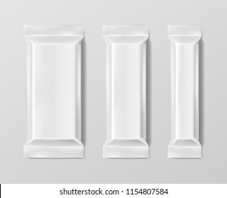 Plastic packs product set. Stick package for snack, coffee, salt, sugar, pepper, spices. Plastic bag pack for snack or food product. Vector illustration