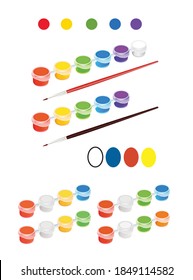 Plastic Paint Clip Strip In Primary Colors With Black And Red Coloured Paint Brushes. Small Plastic Paint Tub Pots With Red, Green, Yellow, Black, Orange, Purple And White Colored Paint.