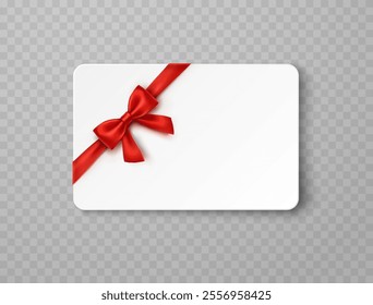 Plastic or paper business card and red bow isolated on transparent background. Vector blank sticker, label, banner template with transparent shadow