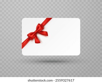 Plastic or paper business card and red bow isolated on transparent background. Vector blank sticker, label, banner template with transparent shadow