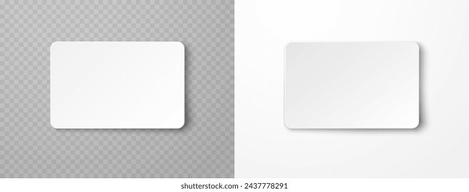 Plastic or paper business cards isolated on transparent and white backgrounds. Vector blank sticker, sheet, label, banner with rounded corners template set