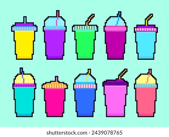 Plastic and paper cups in pixel art style. Pixel icons of paper glasses with carbonated soft drinks. 8-bit smoothie glass with straw in retro video game style. Vector illustration