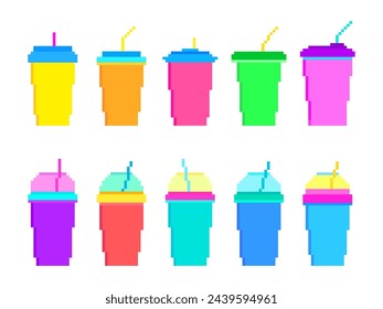 Plastic and paper cups in pixel art style isolated on a white background. Pixel icons of paper glasses with carbonated soft drinks. 8-bit smoothie glass with straw. Vector illustration