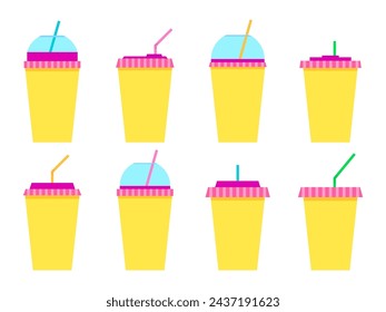 Plastic or paper cups with a straw set of icons isolated on a white background. Plastic cups for carbonated drinks. Plastic smoothie glass with straw. Carbonated soft drinks. Vector illustration