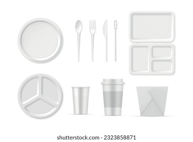 La vectorial de plástico y papel desechable para la alimentación y el consumo de alcohol es una ilustración vectorial realista. Paquete de cartón caja caja taza placa cuchara de tenedor cuchillo stick para comida rápida y plato de café para llevar