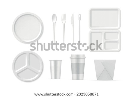 Plastic and paper disposable tableware for eating and drinking set realistic vector illustration. Cardboard package container box cup plate fork spoon knife stick for fast food and takeaway cafe dish