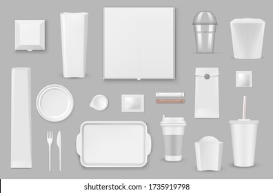 Plastic, paper disposable tableware realistic vector mockups set. Pizza, french fries and popcorn box, container for hot food, drink paper cup with lid and straw, tray and fork, plate and sauce, sugar