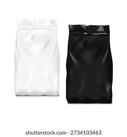 Plastic, paper or foil bag with zip lock front view. Black and white. Realistic vector mockup. Zipper pouch package. Mock-up. Retail product blank resealable package. Template for design