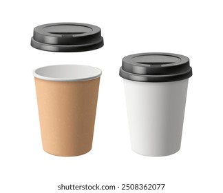 Plastic or paper mug for coffee and tea, warm beverage and drink. Vector realistic mockup ecologically friendly cup with lid for keeping liquid hot. Takeaway order from shop or restaurant