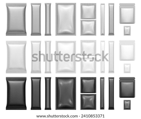 Plastic or paper sachets for products. Vector isolated empty bags for food and cosmetics, liquids and medicine. Square and rectangle long shapes of containers, packaging for production of store