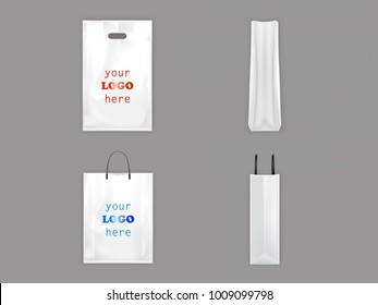 Plastic and paper shopping bags vector isolated realistic white blank templates for branding. 3D realistic illustration of plastic and paper packaging with handles isolated front and side view