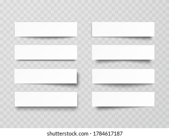 Plastic or paper white banners with shadow isolated on transparent background. Vector blank sticker, header, label or bar template