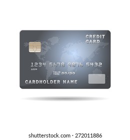 Plastic payment card with chip and global map background illustration. Vector Illustration isolated on white.