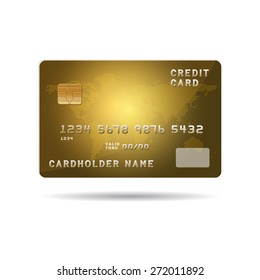 Plastic payment card with chip and global map background illustration. Vector Illustration isolated on white.