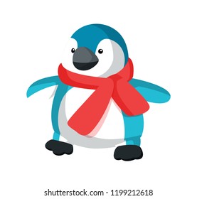 Plastic penguin in red scarf vector illustration of cute artificial bird for kids play isolated on white background. Cool arctic creature flat style