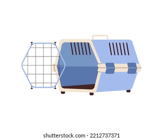 Plastic pet carrier. Blue container for cats and dogs travel, transportation. Domestic animal bag. Flat vector illustration isolated on white background