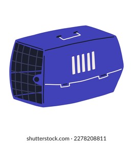 Plastic pet carrier with grating, cartoon flat vector illustration isolated on white background. Domestic animals transportation. Hand drawn carrier for dogs and cats.