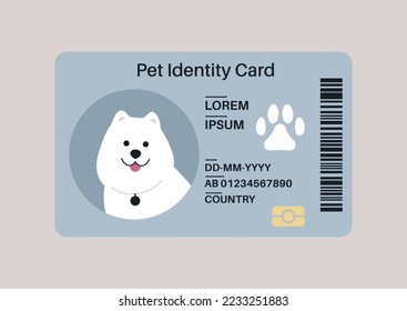 A plastic pet ID card, travel and medical document