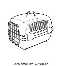 Plastic pet travel carrier for transporting cats, dogs, sketch style vector illustration isolated on white background. Hand drawn plastic pet carrier, transport, housing on white background