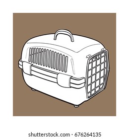 Plastic pet travel carrier for transporting cats, dogs, sketch style vector illustration isolated on brown background. Hand drawn plastic pet carrier, transport, housing on brown background