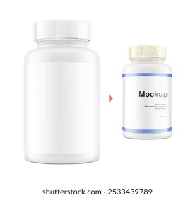 Plastic pill bottle mockup with sample. Vector illustration isolated on white background. Perfect for health and wellness, this versatile mockup set is ideal for health projects. EPS10.