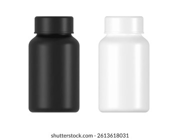 Plastic pill bottle mockup with screw caps isolated on white background, blank supplement container in black and white, product packaging design, vitamin jar with empty label space.