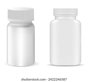 Plastiktablettenflasche vermasselt. Ergänzende Kapseljar, einzelne realistische Vektorvorlage. Vitamin-Tablettenbehältnis, Arzneimittelprobe. Verpackungsdesign für Arzneimittel auf Etiketten und Logos