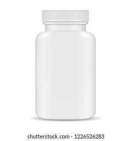 Plastic pill bottles. Black and white 3d Vector illustration. Mockup Template of medicine package for pills, capsule, drugs. Sports and health life supplements.