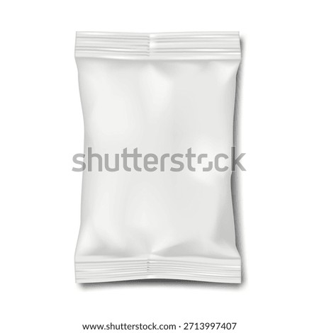 Plastic pillow bag. Front view. Realistic 3d mockup. White blank fin seal pouch sachet package. Vector mock-up. Flow-pack flexible packaging. Template for design
