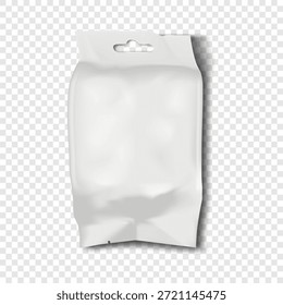 Bolsa de almohada de plástico con muesca de desgarro y percha de agujero euro. Maqueta 3D realista. Paquete de bolsa colgante en blanco blanco blanco. Maqueta de Vector. Embalaje flexible. Plantilla para el diseño