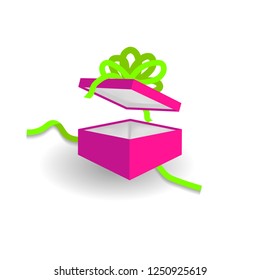 plastic pink gift box with UFO green bow isolated on white background. For Christmas, New year, happy birthday