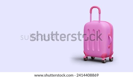 Plastic pink suitcase with wheels and retractable handle. Modern accessory for transporting things. Travel suitcase with hard case. Advertisement of suitcase store