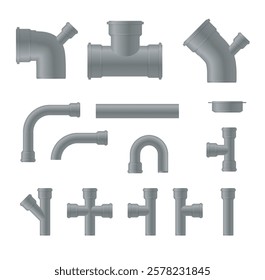 Plastic Pipe. Industry pipeline. waste pipes industrial pipeline tubes plumbing pressure system set. Water tube plastic canalization technology. Vector