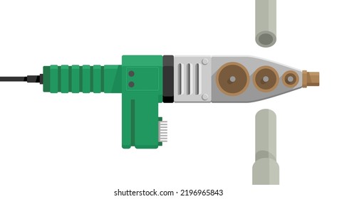 Máquina de soldadura de tubería de plástico - herramienta de soldadura para unir tuberías y accesorios de tubería. Ilustración plana aislada