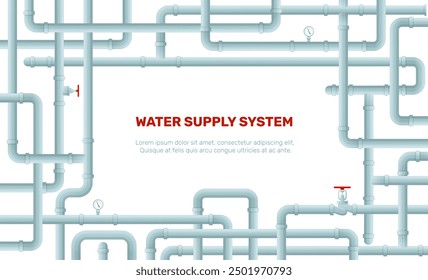 Plastic pipes frame. Water supply system. Faucet valves and pressure sensors. Curved tubes maze. Plumbing equipment. Sewerage repair. Intertwined pipeline border. Vector