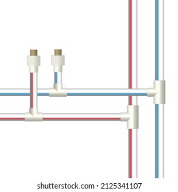 Plastic pipes for hot and cold water with fittings. Front view, vector illustration.