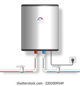 Plastic pipes for hot and cold water with a boiler and valves. Front view, vector illustration.